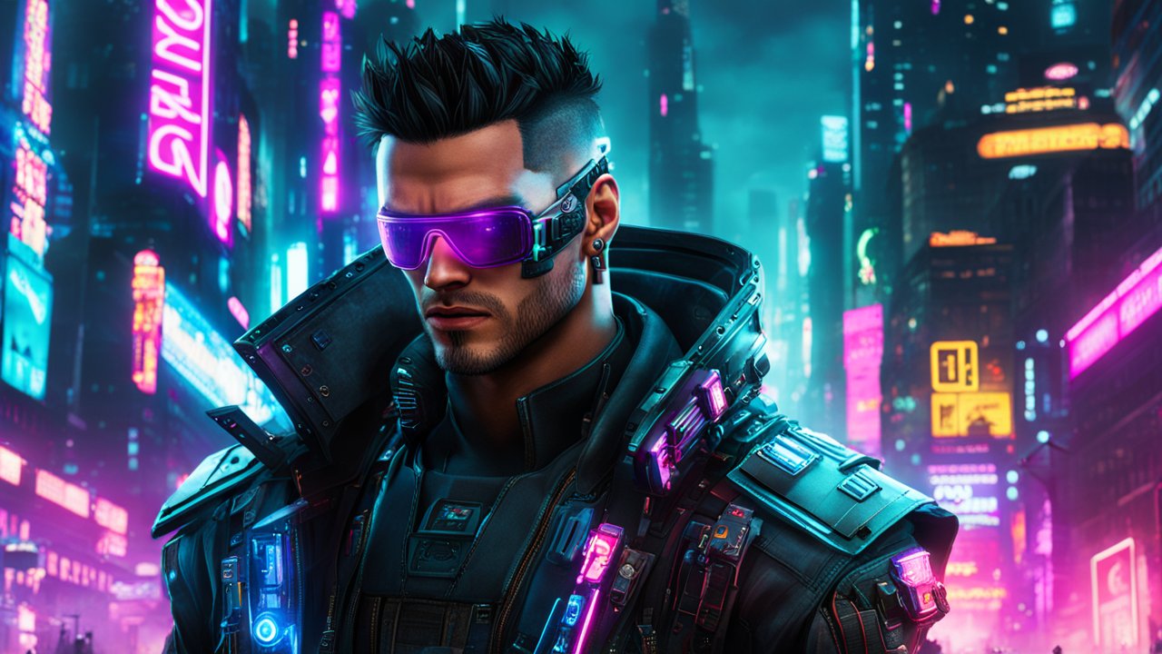 Cyberpunk Warrior with Neon Purple Visor in Futuristic City