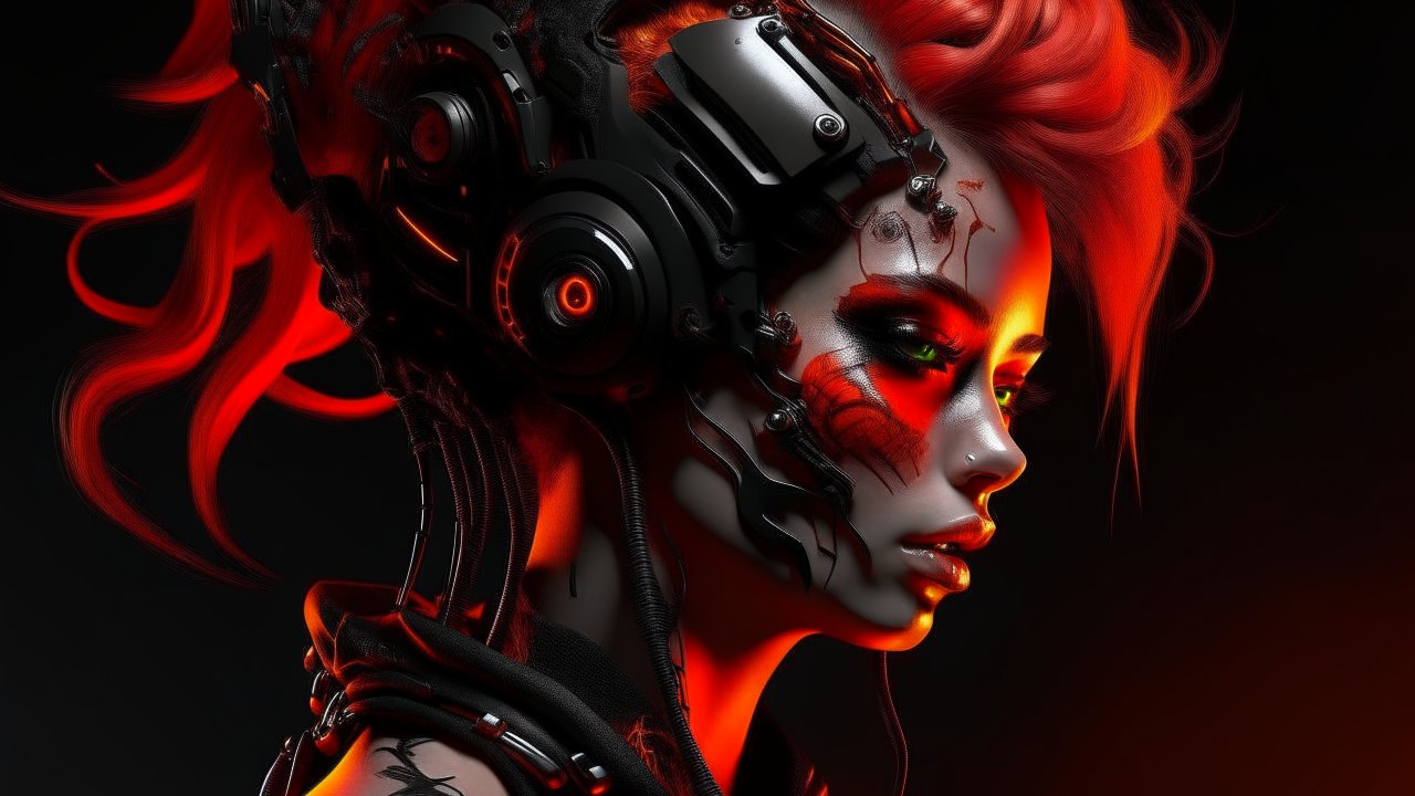 Cyberpunk Woman with Fiery Red Hair and Futuristic Headgear