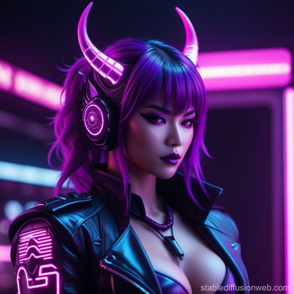 Cyberpunk Woman with Neon Horns and Futuristic Headphones