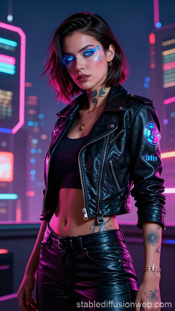 Cyberpunk Woman with Neon Makeup and Leather Jacket