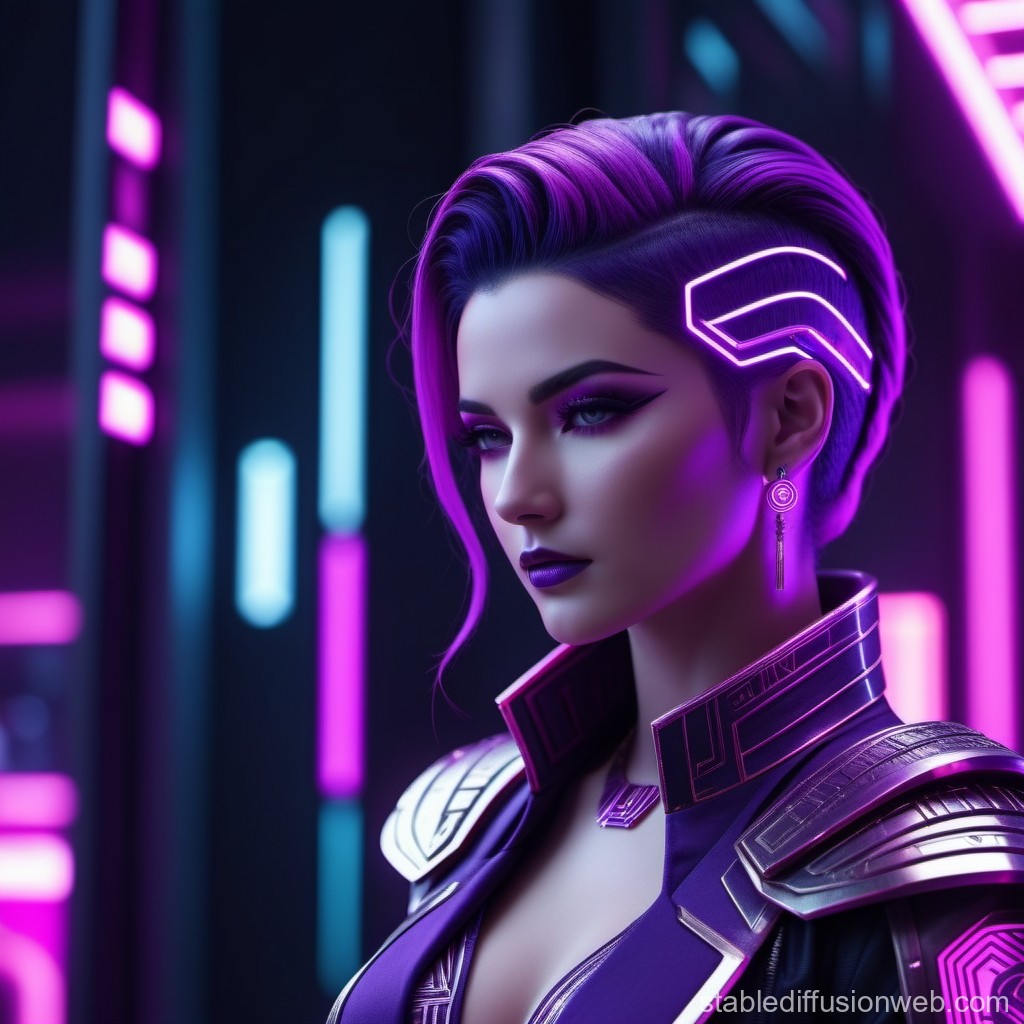 Cyberpunk Woman with Neon Purple Hair and Futuristic Armor