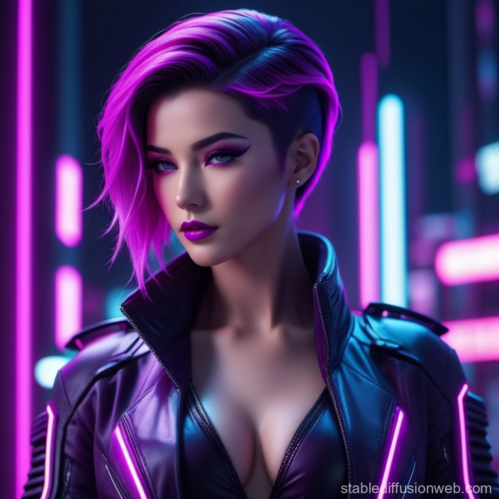 Cyberpunk Woman with Neon Purple Hair and Futuristic Jacket