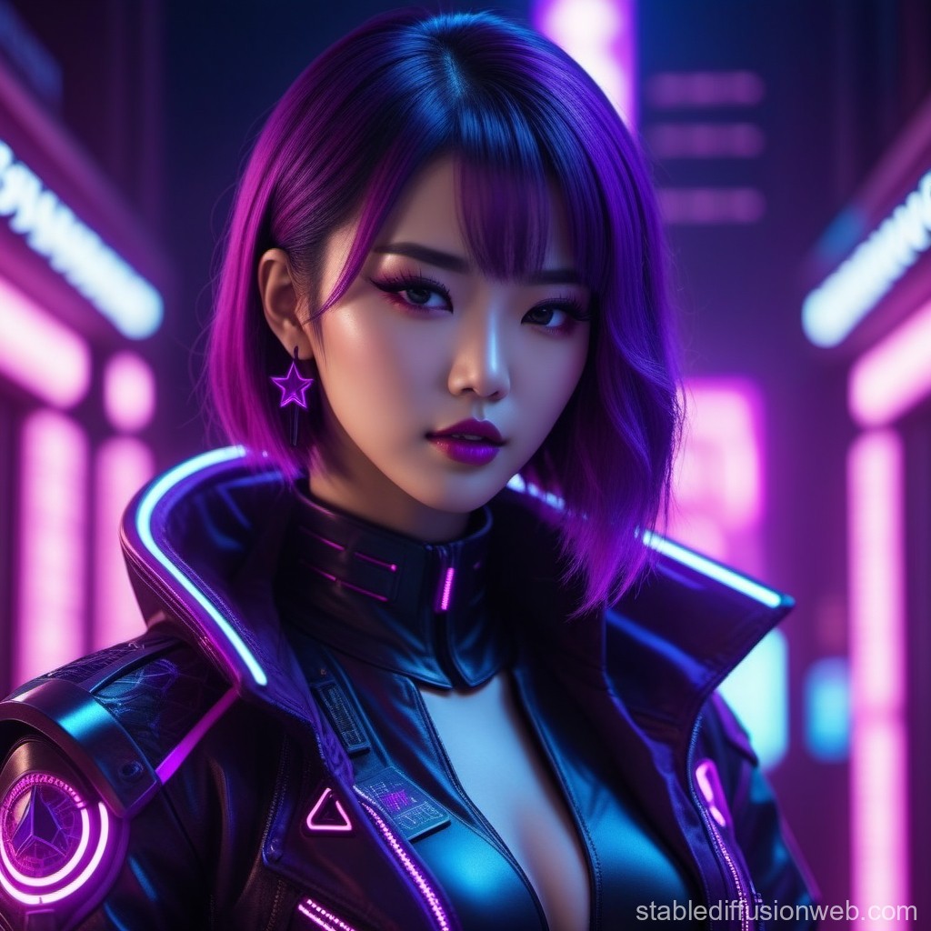Cyberpunk Woman with Neon Purple Hair and Futuristic Jacket