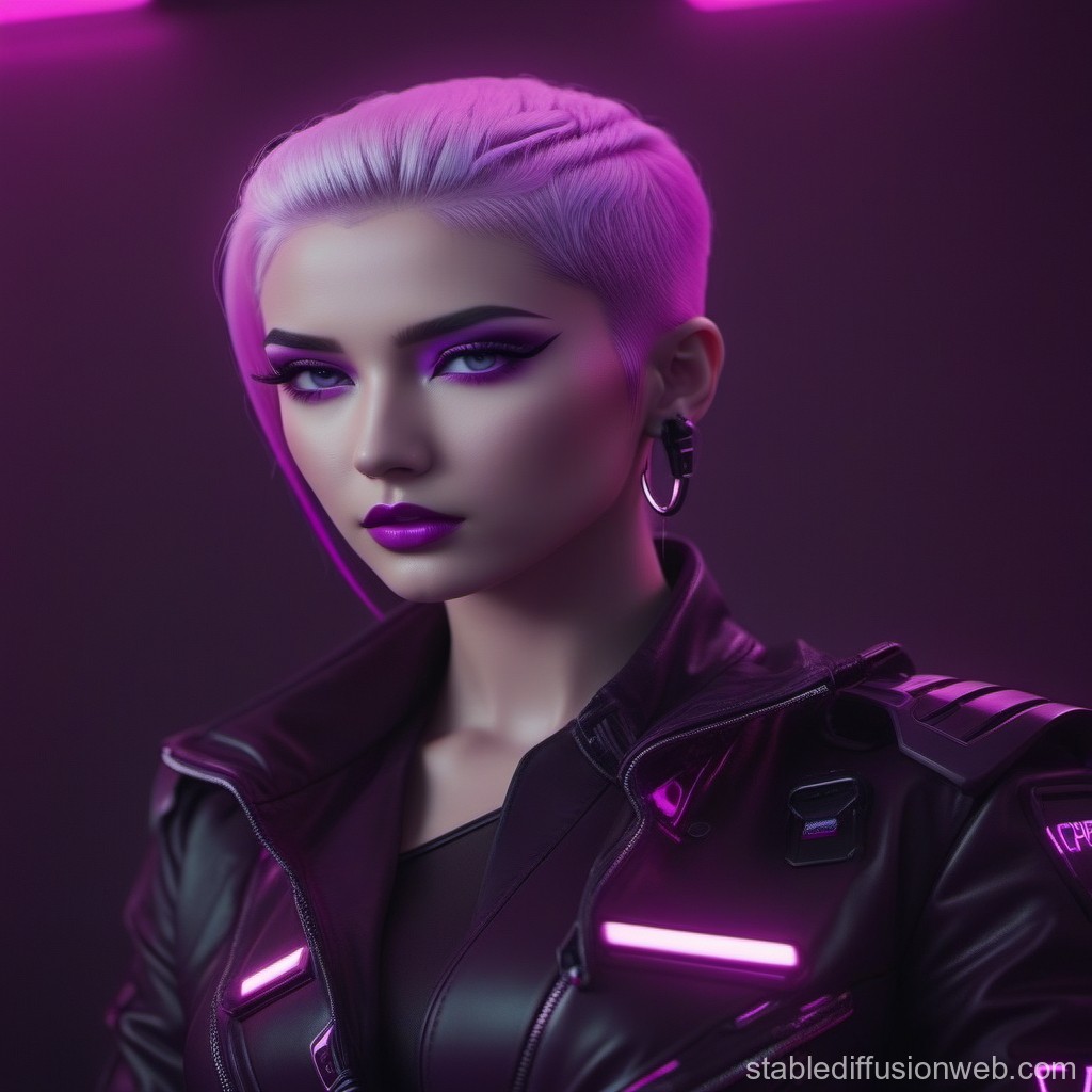 Cyberpunk Woman with Neon Purple Hair and Futuristic Jacket