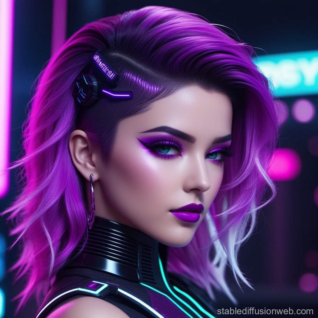 Cyberpunk Woman with Neon Purple Hair and Futuristic Makeup