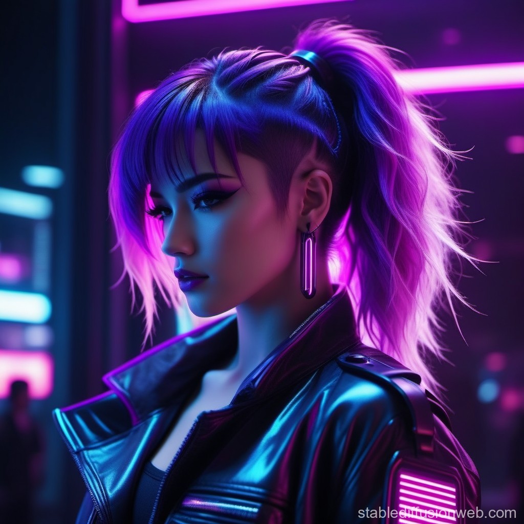 Cyberpunk Woman with Neon Purple Hair and Leather Jacket
