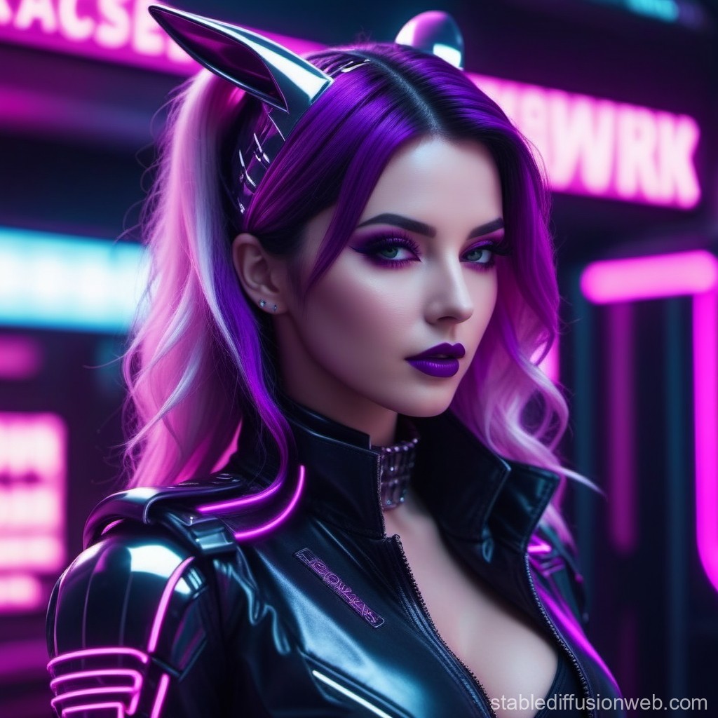 Cyberpunk Woman with Purple Hair and Neon Accents