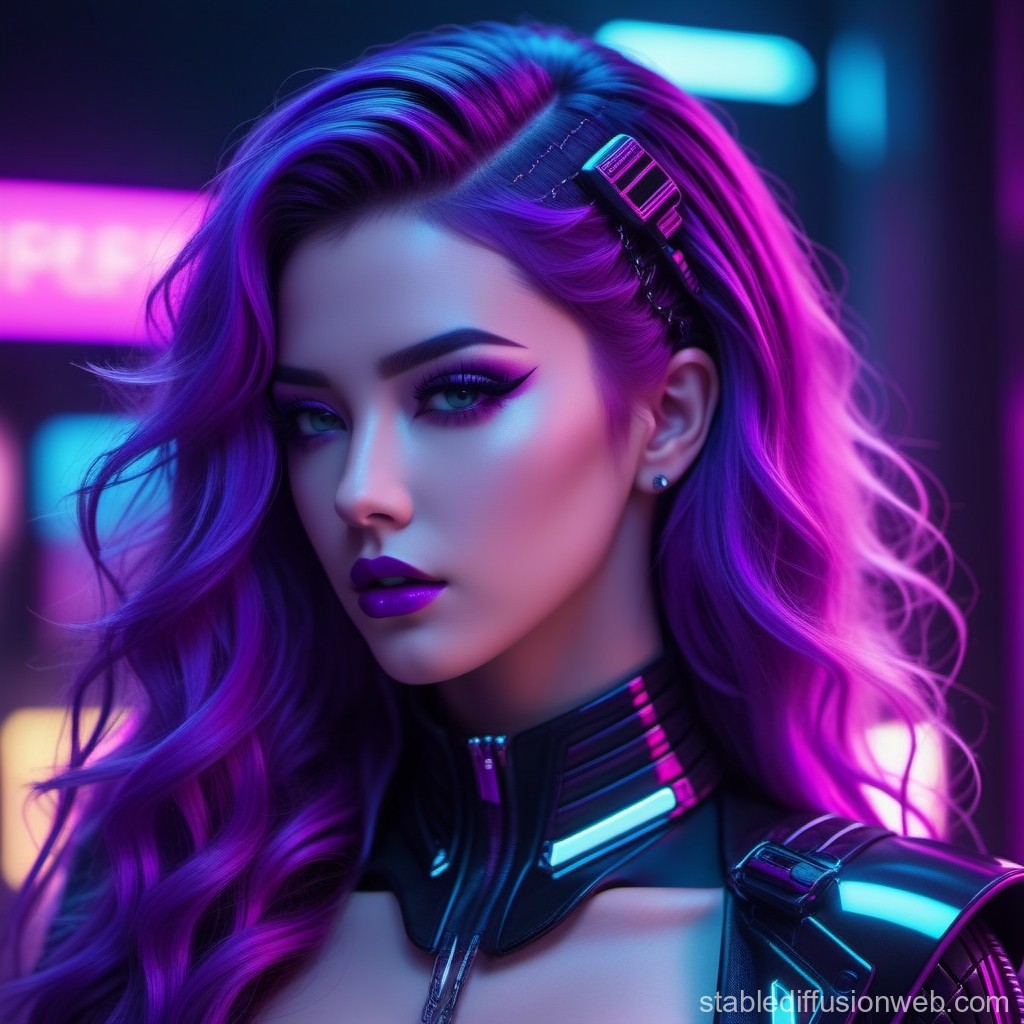 Cyberpunk Woman with Vibrant Purple Hair and Futuristic Outfit