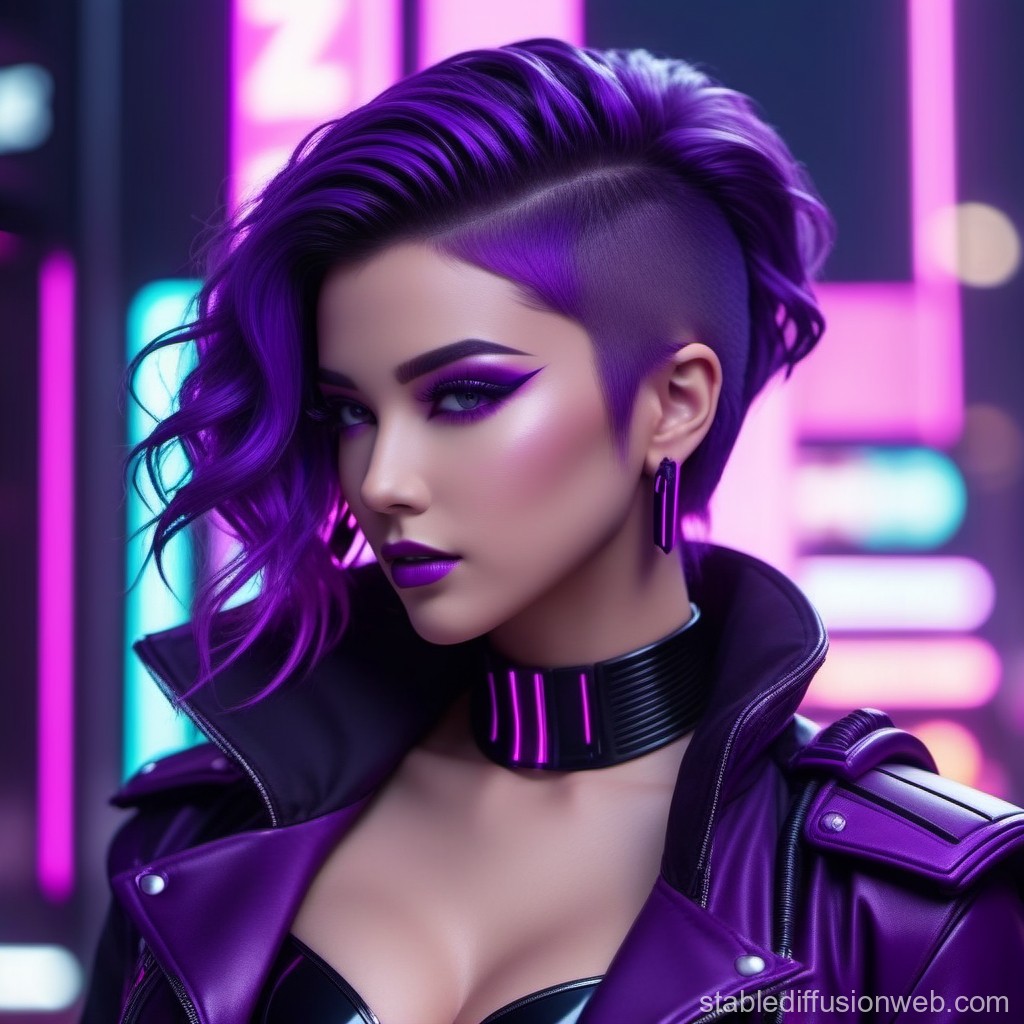 Cyberpunk Woman with Vibrant Purple Hair and Futuristic Style