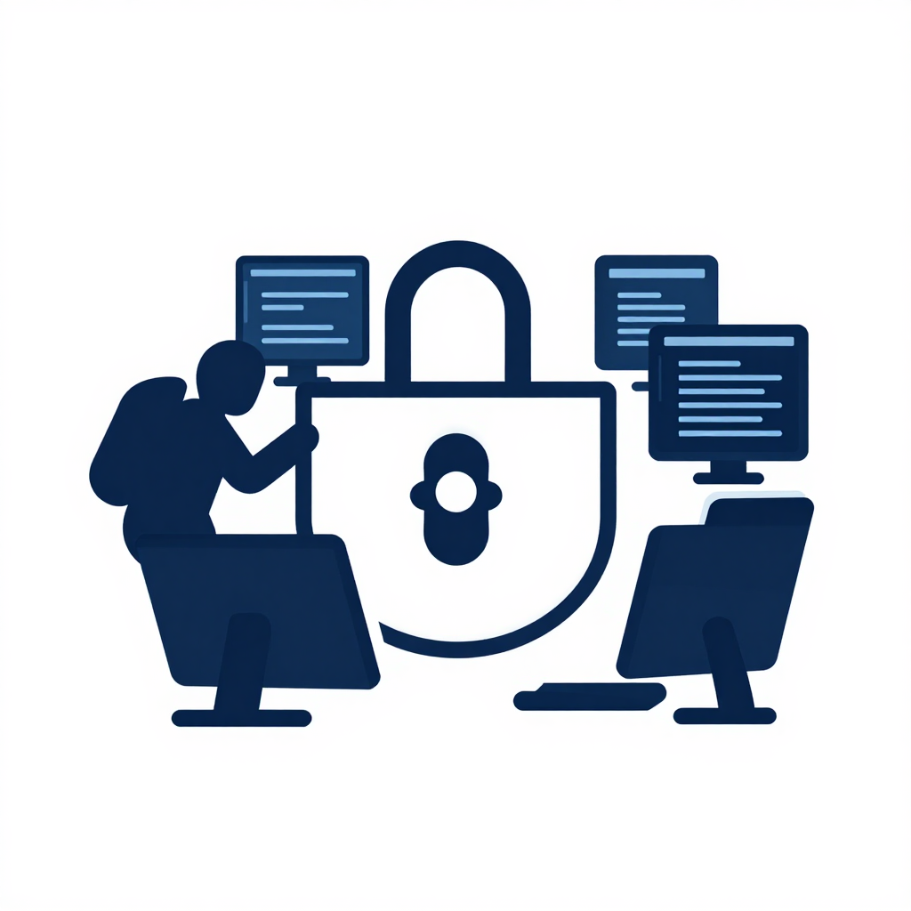 Cybersecurity Lock Icon with Hacker and Computers