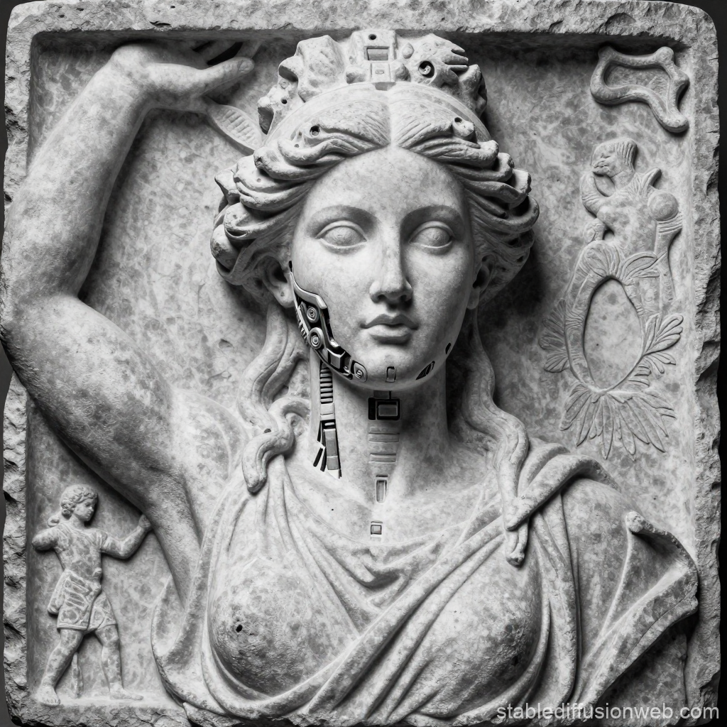 Cyborg-Enhanced Classical Sculpture Relief