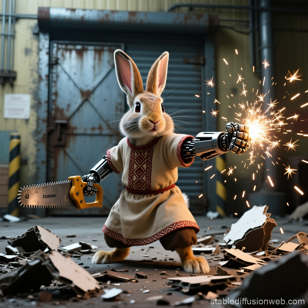 Cyborg Rabbit Warrior with Chainsaw and Sparks