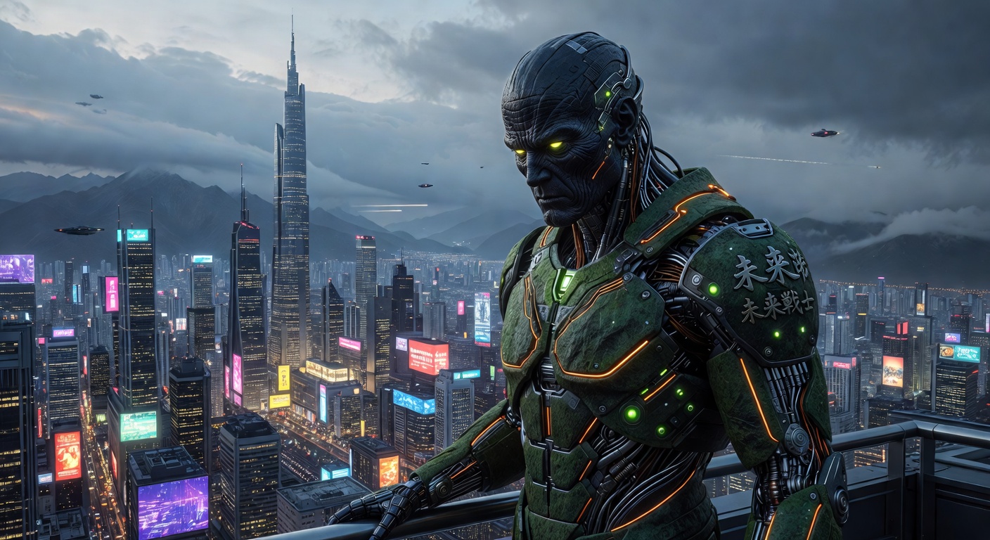Cyborg Sentinel Over Futuristic Metropolis