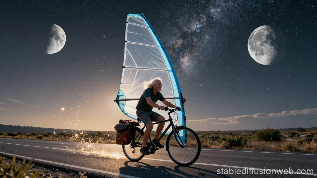 Cyclist Riding with a Sail Under a Starry Night Sky