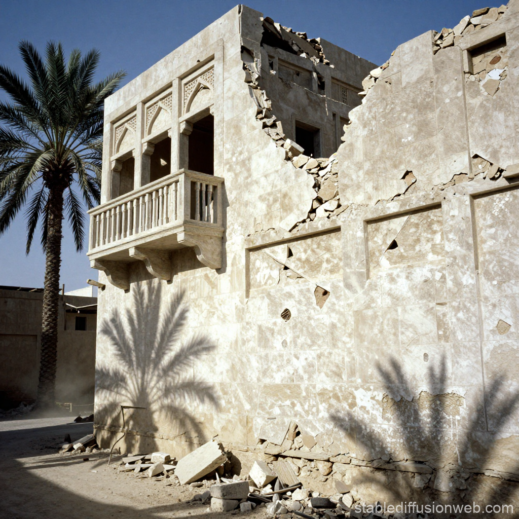 Damaged Middle Eastern Building with Palm Tree Shadows