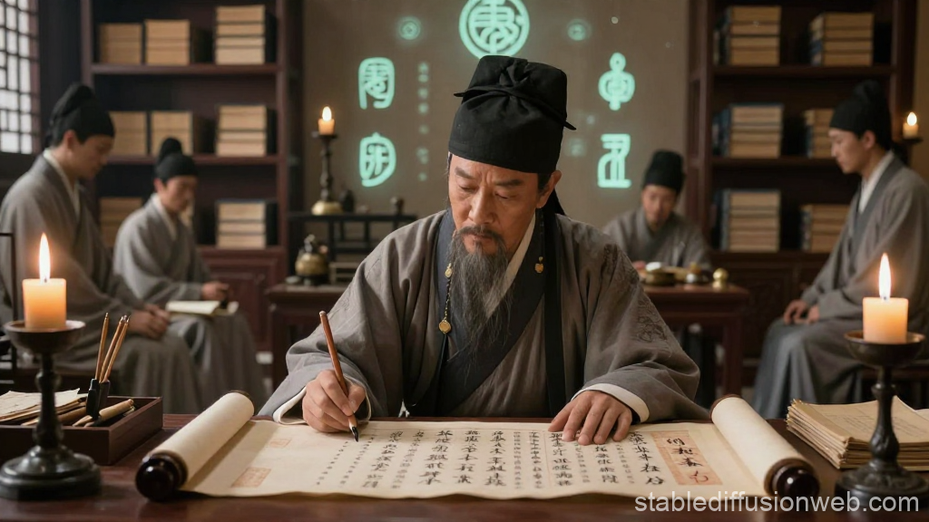 Daoist Master Writing Ancient Scroll in Traditional Study