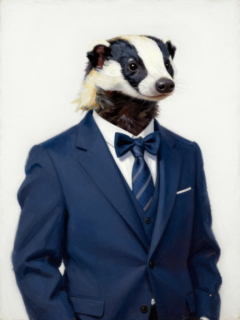 Dapper Badger in Blue Suit and Bow Tie