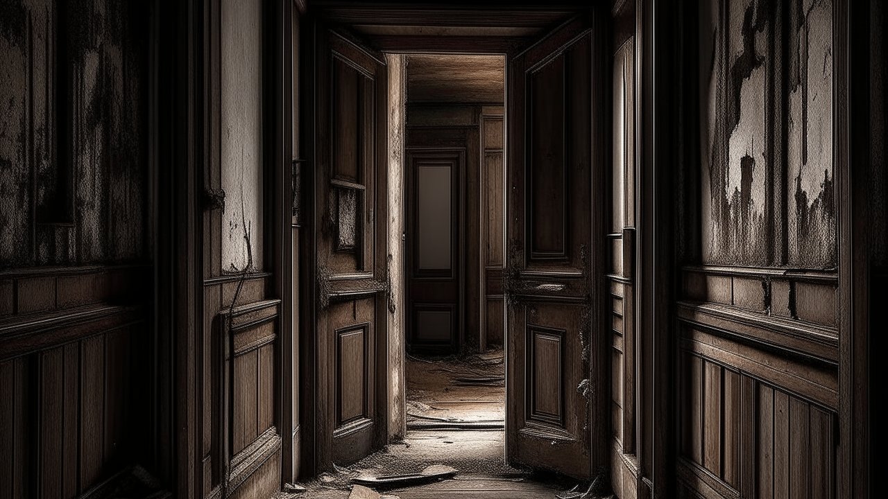 Dark Abandoned Wooden Hallway with Open Doors