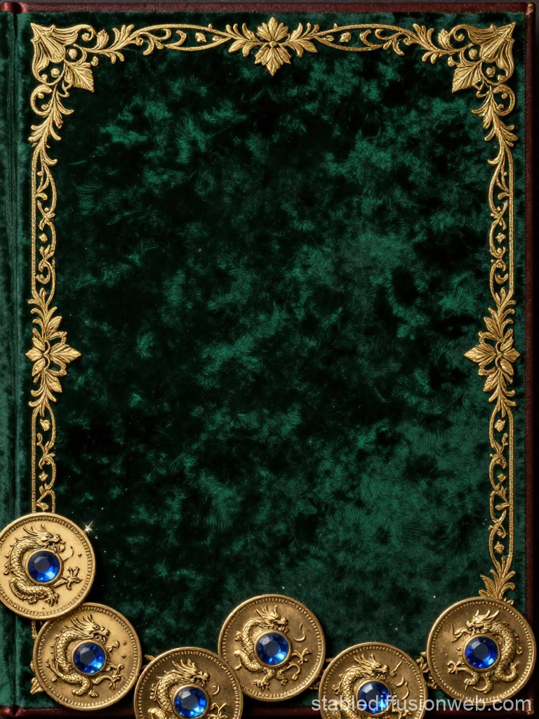 Dark Academia Velvet Background with Ornate Gold Frame and Dragon Coins