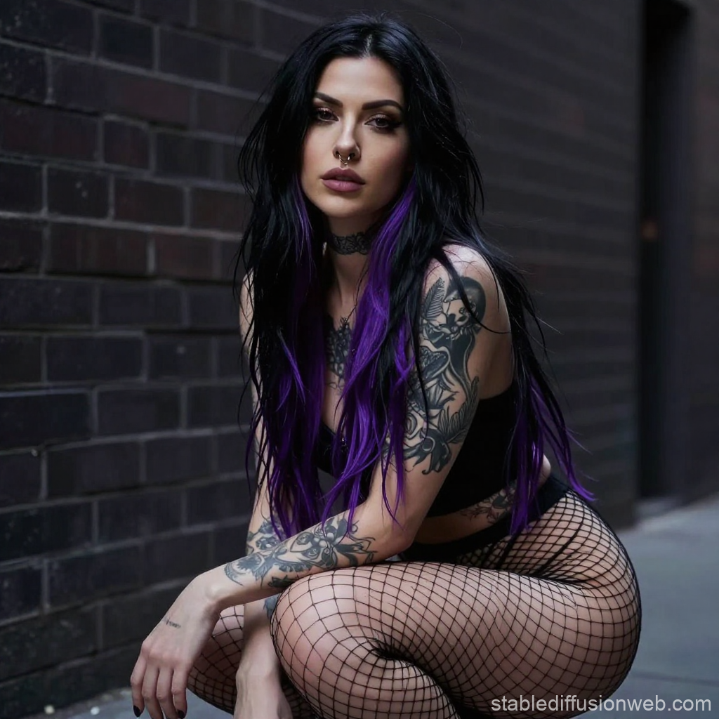 Dark Aesthetic Woman with Purple Hair and Tattoos