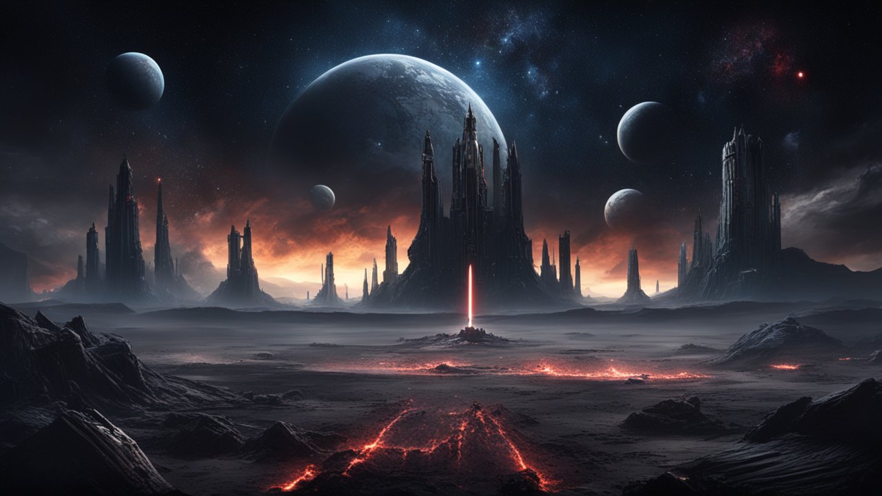 Dark Alien Battlefield with Towering Spires and Multiple Moons