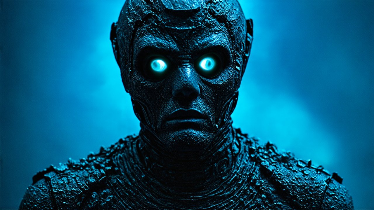 Dark Alien Creature with Glowing Blue Eyes