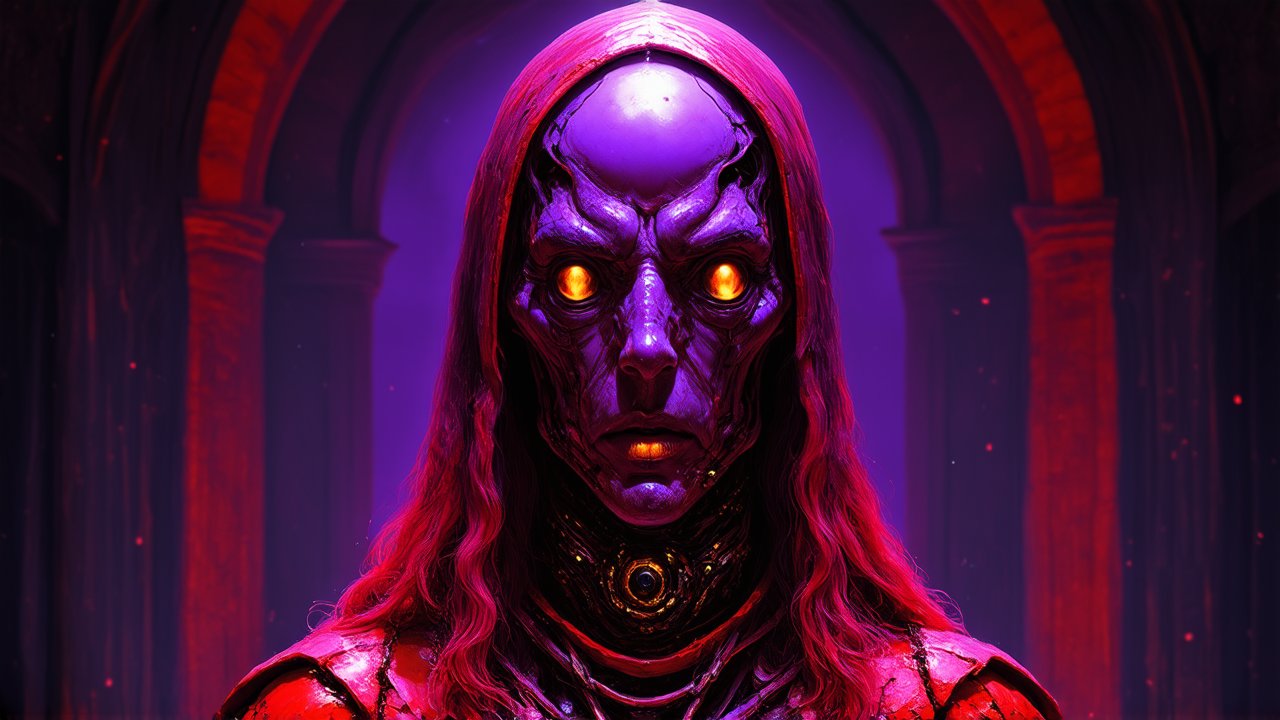 Dark Alien Entity with Glowing Eyes in Gothic Archway