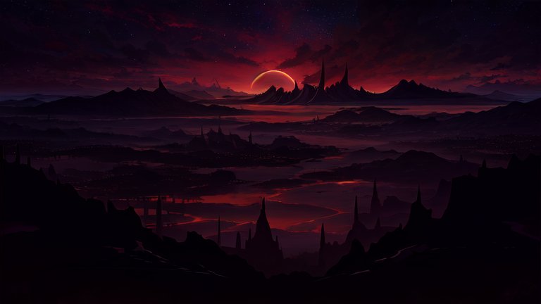 Dark Alien Landscape with Red Sunset and Jagged Mountains