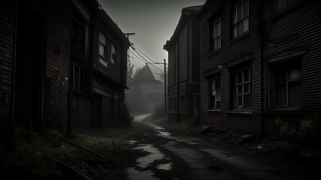 Dark and Foggy Alley Between Old Buildings