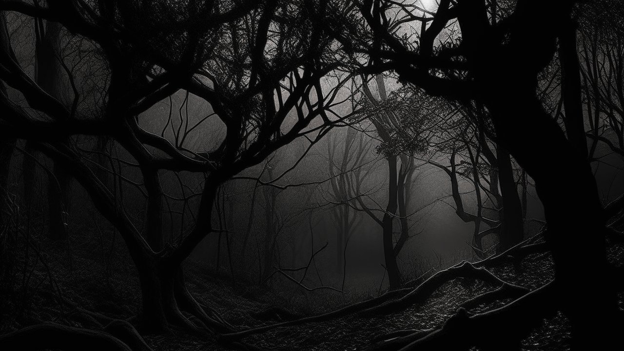 Dark and Misty Forest with Twisted Trees