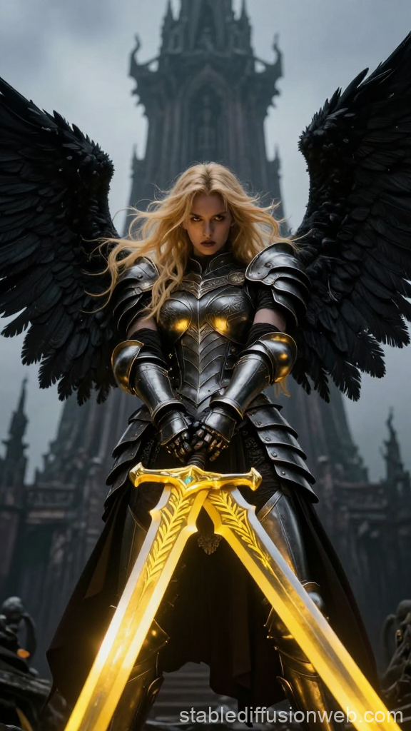 Dark Angel Warrior with Glowing Golden Sword