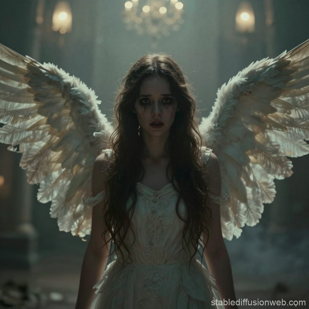 Dark Angel with Tear-Streaked Face in Gothic Setting