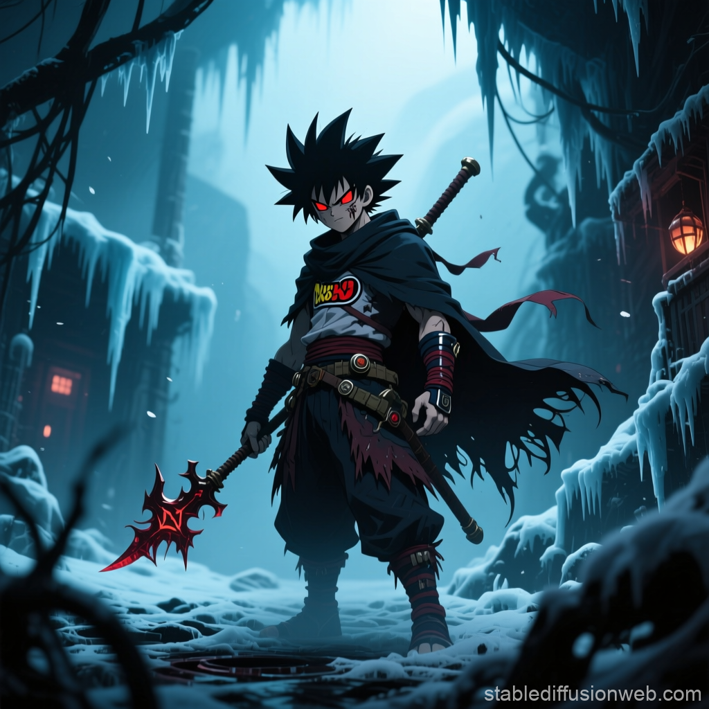 Dark Anime Warrior in Snowy Gothic Alley
