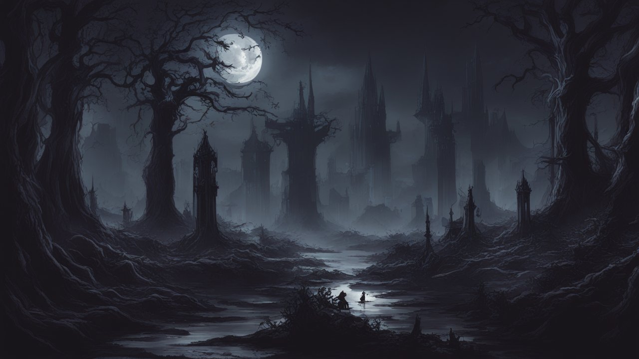 Dark Arcadia: Moonlit Gothic Forest with Ruined Towers