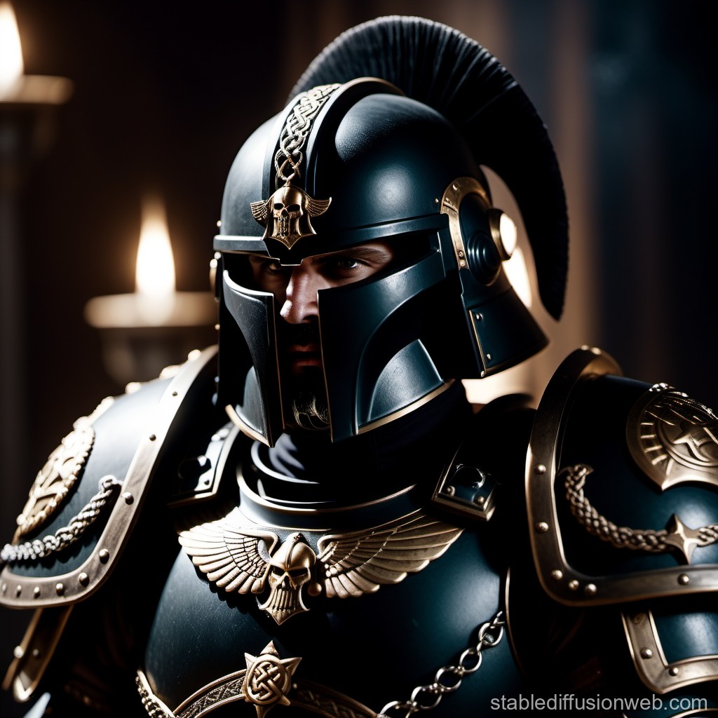 Dark Armored Warrior in Ornate Helmet and Armor