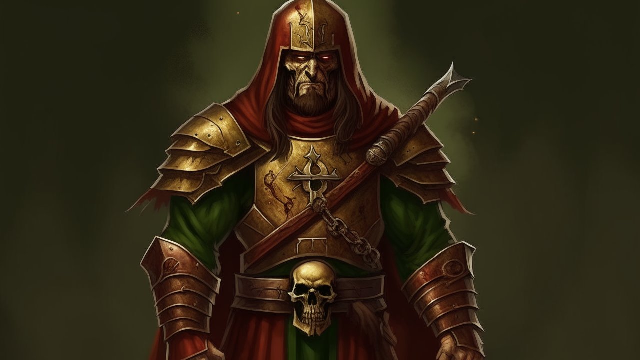 Dark Armored Warrior with Skull Emblem and Spiked Mace