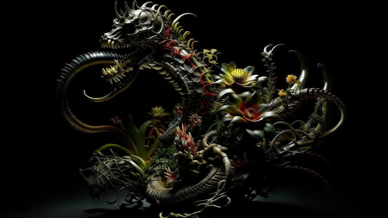 Dark Biomechanical Dragon with Floral Elements