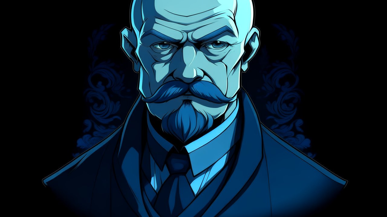 Dark Blue Anime Portrait of a Stern Man with Mustache