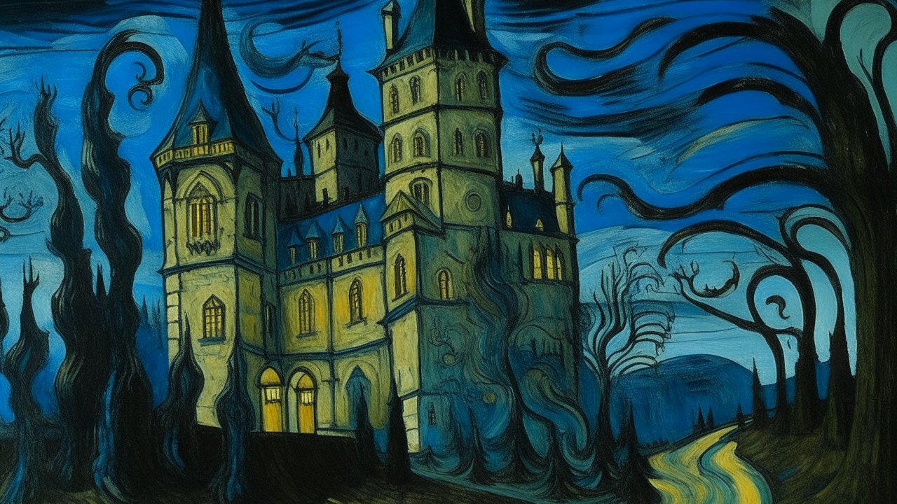 Dark Blue Gothic Castle with Twisting Trees