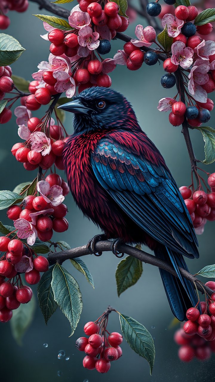 Dark Burgundy Bird Perched on Cherry Tree Branch
