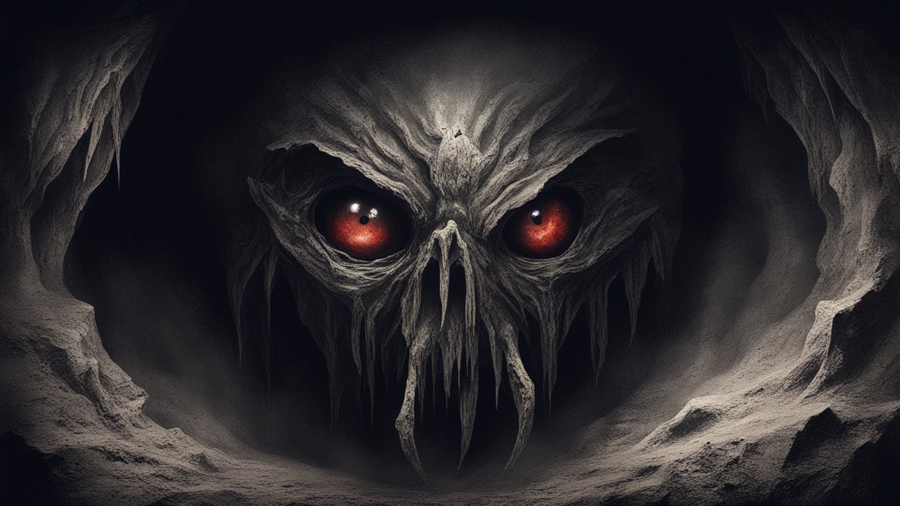 Dark Cave Skull with Glowing Red Eyes