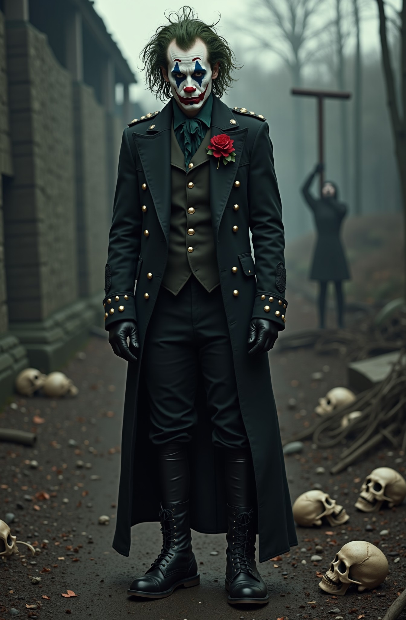 Dark Clown in Gothic Military Coat with Skulls