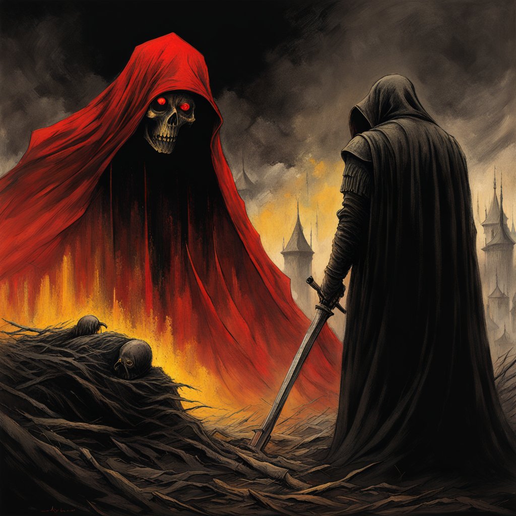 Dark Confrontation Between Hooded Warrior and Fiery Skeleton