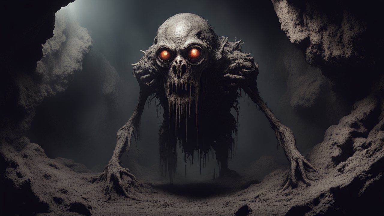 Dark Creature with Glowing Eyes in a Cave