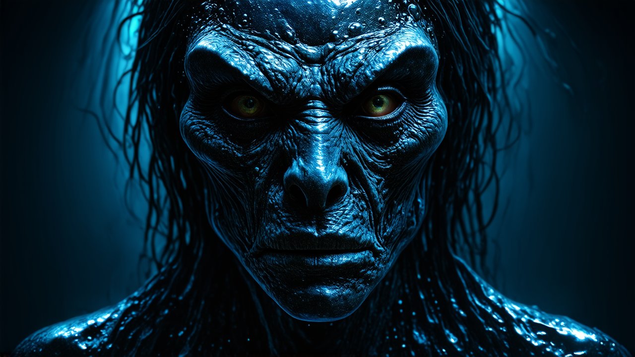 Dark Creature with Intense Stare in Blue Lighting