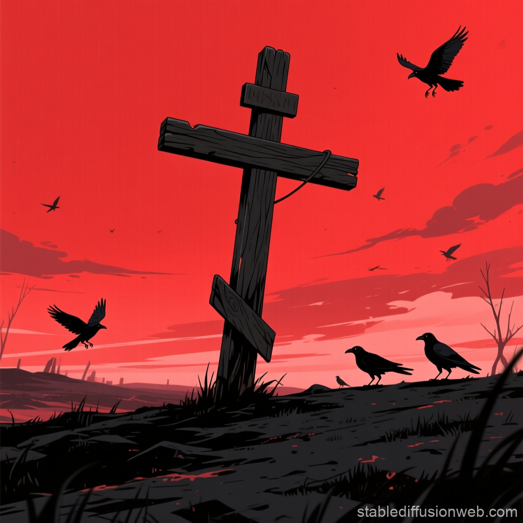 Dark Cross Silhouette Against Red Sky with Crows