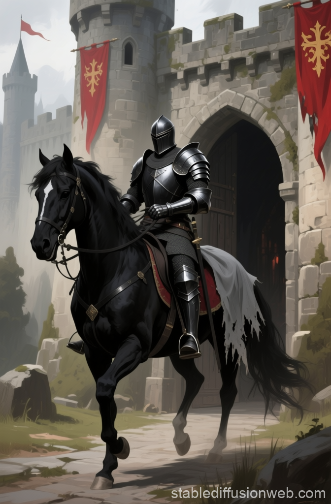 Dark Crusader Knight on Black Horse at Castle Gate