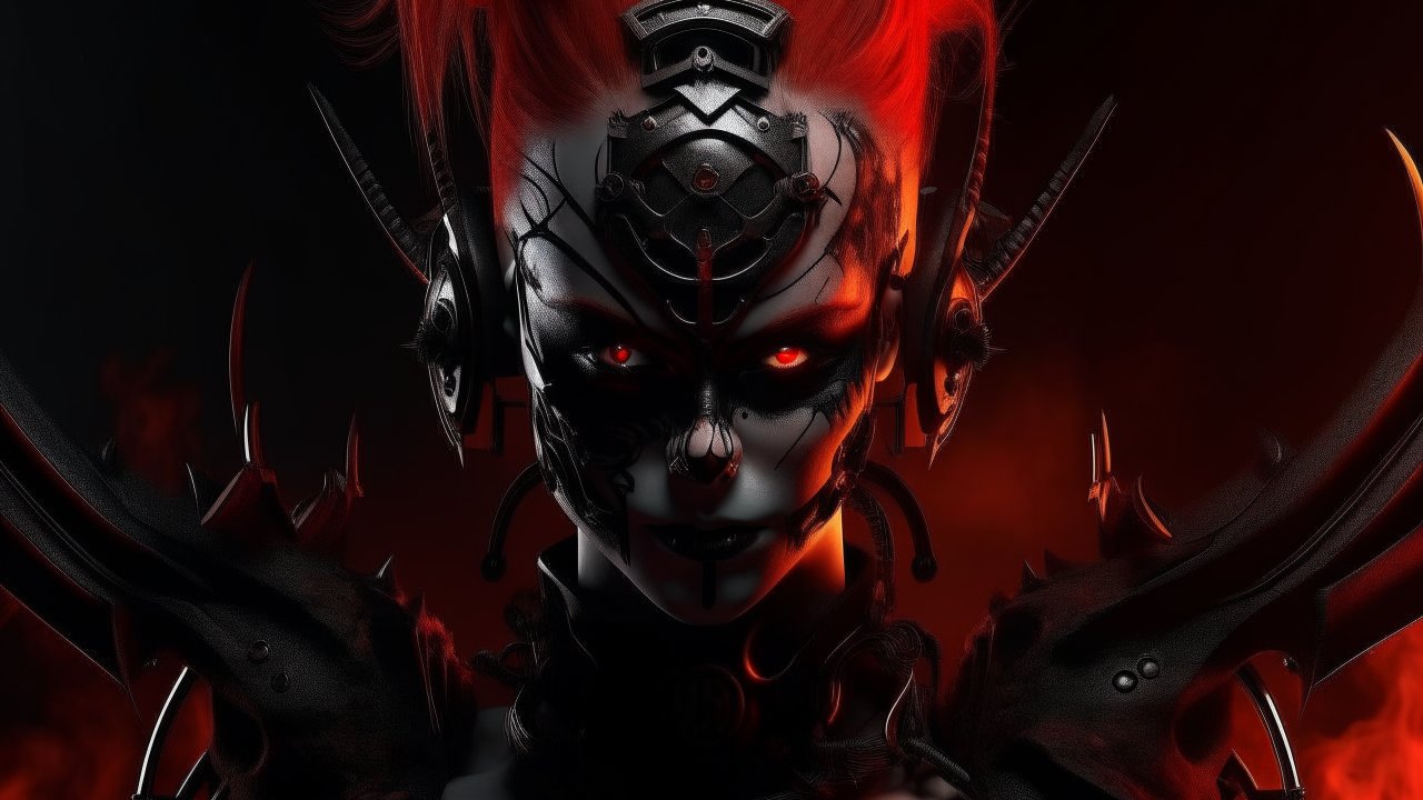 Dark Cybernetic Demon with Fiery Red Eyes