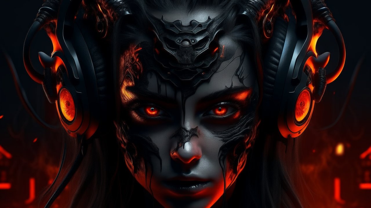 Dark Cybernetic Demon Woman with Fiery Eyes and Headphones