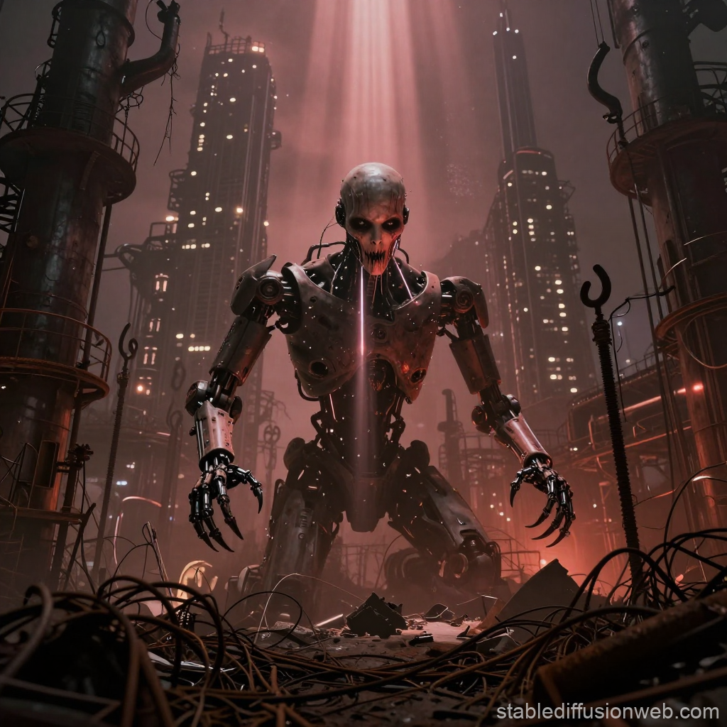 Dark Cybernetic Horror Robot in Dystopian Cityscape